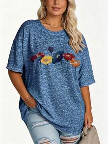 EMERY ROSE Plus Size Vintage Elegant Floral Print Casual Loose Mid-Length Short Sleeve Round Neck T-Shirt For Women Bussines Dinner Baby Blue Summer - Blue - View 4