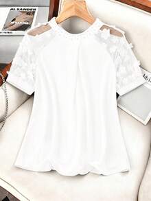 GlowEve CURVE Plus Size Women's 3D Floral Embellished Beaded Short Sleeve Round Neck T-Shirt - White - View 1