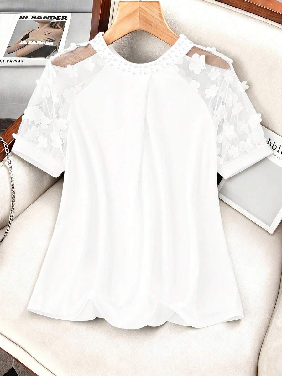 GlowEve CURVE Plus Size Women's 3D Floral Embellished Beaded Short Sleeve Round Neck T-Shirt - White - View 1