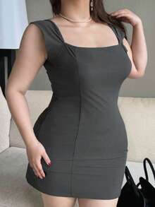 Dazy Plus Solid Color Stretch Bodycon Fun Commuter Sexy Minimalist Sexy Square Neck Cap Sleeve Plus Size Women Spring Summer Mini Dress Cocktail Rave Black - Grey - View 7