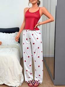 Napfluff Conjunto de pijama de mujer con top de tirantes y pantalones con estampado de manzana de dibujos animados - Multicolor - View 1