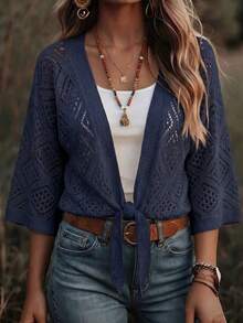 SHEIN Holidaya Women's Solid Color Casual Versatile Daily Outing Cardigan - Royal Blue - View 4