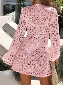 Bonvoyette Women's Solid Color Lace Hollow Long Sleeve V-Neck Beach Vacation Cover-Up - Pink - View 2