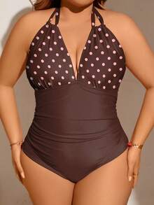 SHEIN Swim Curve Plus Size Women's Polka Dot Colorblock Halter One-Piece Swimsuit, Suitable For Beach Vacation, Pool Party, Beach Party - Brown - View 5