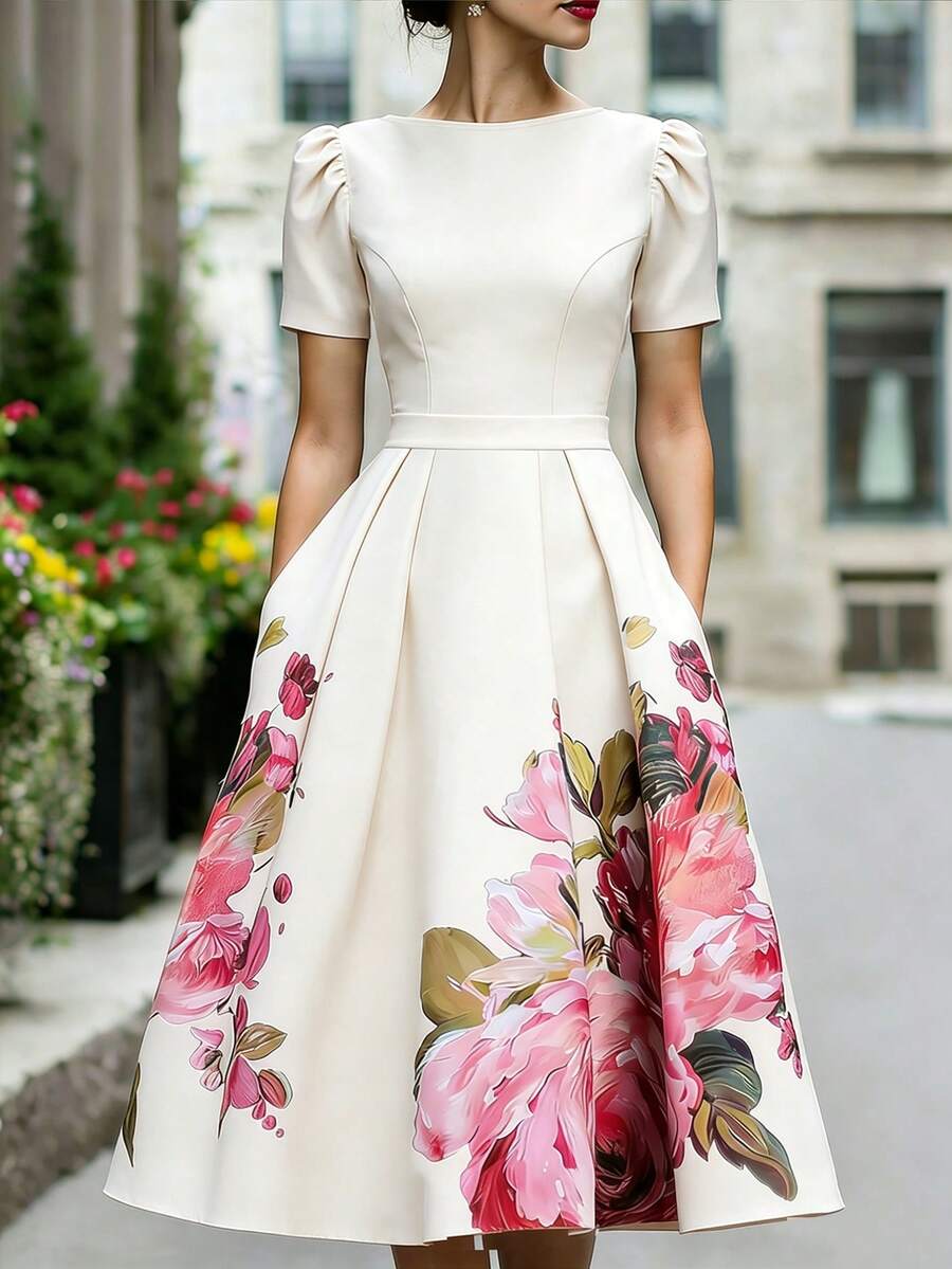 SHEIN 女款花卉印花百褶休閒派對洋裝 - 杏色 - 查看 1