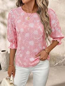 SHEIN Clasi 圓領抓皺浪漫雛菊刺繡上衣 - 粉色 - 查看 5