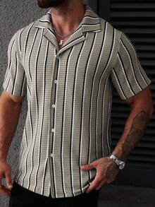 SLATEMANN 男士米色夏季休閒條紋襯衫，鈕扣式短袖紋理襯衫，適合度假與假期 - 彩色 - 查看 6