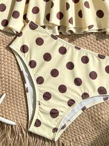 SHEIN Tween Girls Tankini Set, Knit Yellow Polka Dot Print With Metallic Star Decor, Halter Neck Ruffle Swimsuit, Beach Vacation - Yellow - View 6