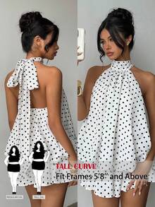 SHEIN Tall CURVE 大码女士波点印花吊带系带优雅连衣裙 - 黑與白 - 查看 3