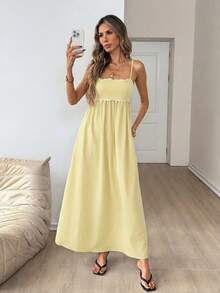 Easowa Vestido maxi de tirantes para mujer con bajo curvo, plisado, elegante, estilo boho casual para vacaciones de verano en la playa, color amarillo pálido - amarillo ganso - Ver 6