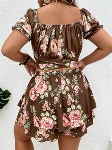 Vionelle Plus Size Women's Floral Print Short Top And Skort 2-Piece Set - Brown - View 2