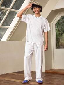 Whitmere Men's Round Neck Mid-Sleeve T-Shirt And Drawstring Waist Wide Leg Pants Casual Daily Suit - Light Grey - View 3