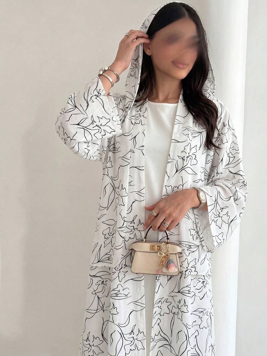 Yasmyna Elegant Printed Headscarf Long Sleeve Flared Women's Abaya - Black and White - View 1