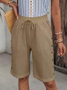 EMERY ROSE Women's Drawstring Waist Pocket Casual Versatile Everyday Outing Shorts - Brown - View 7
