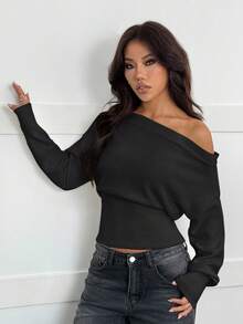 SHEIN PETITE 3D花卉不對稱單肩米色秋冬浪漫寬鬆毛衣，適合嬌小女性 - 深灰色 - 查看 4