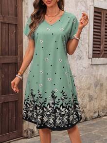 EMERY ROSE Women's V-Neck Short Sleeve Floral Print Midi Dress - Green - View 5