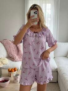DAZY Women's Summer Butterfly Print Ruffle Trim Loose Short Sleeve Top And Shorts Pajama Set - Purple - View 9
