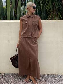 Livesso Women's Casual Short Sleeve Pocket Top And Long Denim Skirt 2-Piece Set Vacation Travel Shades Of Brown Summer - Coffee Brown - View 7