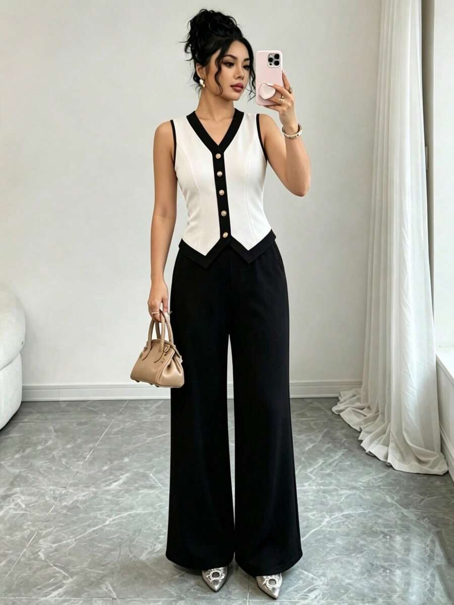 SHEIN Raffinéa 女士撞色职业套装,新款夏季办公室通勤高端修身西装套装,两件套女士阔腿裤套装休闲装春季大学服装 - 彩色 - 查看 1