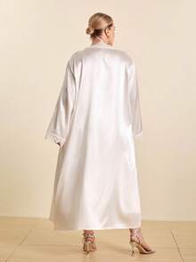 Hourtrue Plus Size White Satin Robe Set, Women Lace Trim Long Kimono Robe And Nightgown 2 Pieces Silk Like Loungewear - White - View 5