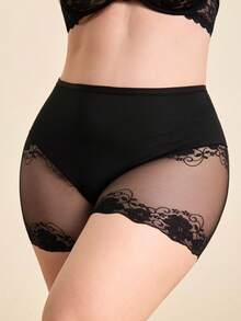 Hourtrue 1条装女士高腰加大码内裤 0XL-4XL，柔软舒适弹力面料，优雅蕾丝拼接设计，透气支撑，多条装日常穿着内衣 - 黑色 - 查看 4