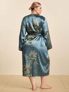 Hourtrue 1pc Plus Size Women Floral Print Satin Robe, V-Neck Long Sleeve Loose Bathrobe, Kimono Style Tie Waist Long Loungewear, Smooth Silk-Like Fabric, Machine Washable, Suitable For Home Use - Olive Green - View 3