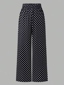 SHEIN 青少年女孩黑色波點寬腿褲，復古休閒風，經典黑白波點展現法式魅力，彈性高腰設計方便穿脫，寬鬆垂墜版型修飾腿型，舒適顯瘦，輕盈透氣親膚面料，適合春夏出遊與日常穿著，可搭配親子造型 - 黑色 - 查看 3