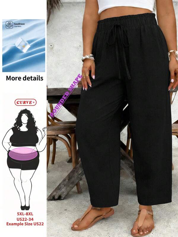 SHEIN CURVE+ Plus Size Women's Black Loose Black Cool Fabric Casual Pants With Drawstring Waistband And Ruffled Hem.