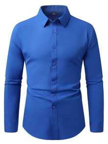 Manfinity Mode Camisa casual de manga larga de un solo pecho de unicolor para hombre, ceremonia - Neblina azul - Ver 4