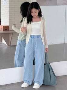SHEIN 休閒可愛百搭基本款時尚甜美女孩度假蝴蝶結愛心圓點提花舒適寬腿牛仔褲，平底鬆緊腰，口袋設計，適合女孩日常穿著 - 淺色水洗藍 - 查看 5