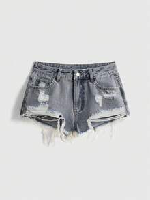ROMWE Summer Vacation Daisy Floral Embroidered Distressed Denim Shorts - Grey - View 2