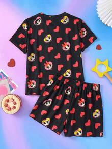 THE POWERPUFF GIRLS X SHEIN Conjunto de pijama infantil feminino com estampa floral e de corações, composto por camiseta e shorts. Ideal para primavera/verão. - Preto - Ver 2
