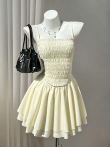 Elamini Sexy Sweet Style Solid Color Waist-Defining Slimming A-Line Cake Dress Spaghetti Strap Dress - Pale Yellow - View 6