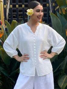 DAZY Solid Color Loose Long Sleeve Round Neck Women's Blouse - White - View 7