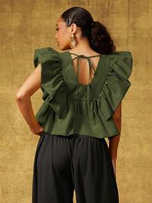 Vixey Top de tejido sólido con cuello en V, mangas de pétalo con volantes y bajo peplum - Verde Oliva - Ver 2