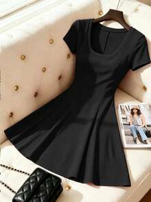 Elenzga Women's Summer Casual Solid Color Waist-Defining Dress - Black - View 7