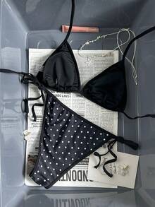 Swim Mod 女款2件組掛脖三角比基尼套裝，熱帶可愛多色圓點印花，繫帶三角泳褲，優雅休閒海灘度假節日派對比基尼套裝，適合情人節 - 彩色 - 查看 2