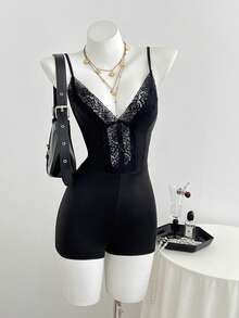 Elamini Spring Summer Autumn Fashion Sexy Avant-Garde Commuter Black Knit Lace Patchwork Low Cut Camisole Off-Shoulder Backless Slim Fit Waist-Cinched Short Jumpsuit For Women - Black - View 1