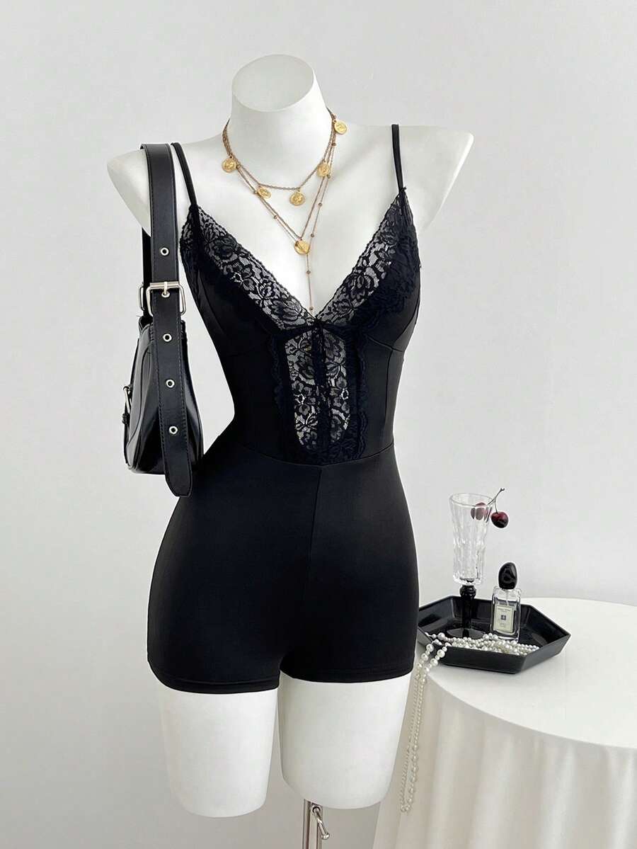 Elamini Spring Summer Autumn Fashion Sexy Avant-Garde Commuter Black Knit Lace Patchwork Low Cut Camisole Off-Shoulder Backless Slim Fit Waist-Cinched Short Jumpsuit For Women - Black - View 1