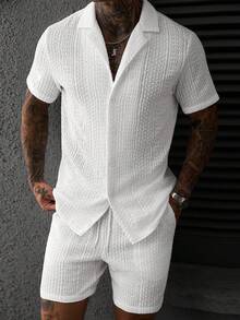 SLATEMANN Men's White Jacquard Short Sleeve Shirt & Drawstring Shorts Set,Summer Tropical Vacation Fashionable Casual Outfit For Cocktail Party,Daily Office - White - View 3