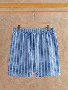 HIMLAND Men's Vertical Stripe Button-Up, White & Light Blue. Relaxed Fit, Short Sleeves & Open Collar. Lightweight Cotton Blend, Soft & Airy. Effortless Vacat - Blue - View 3