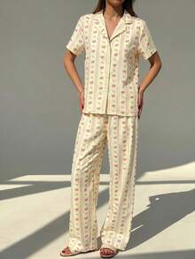 Aloruh Conjunto de camisa con estampado de rayas rosas y pantalones largos, versátil para el hogar y salidas - Amarillo claro - Ver 5