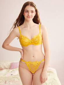 Eraneu 2pcs Mesh Embroidered Women's Lingerie Set - Yellow - View 5