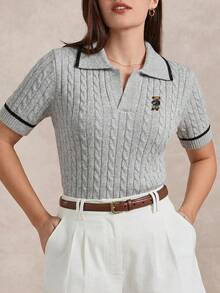 Briarwyn Women's Cartoon Bear Pattern Lapel Short Sleeve Knit Top Back-To-School School Grey Autumn Preppy - Light Grey - View 3