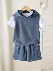 SHEIN Young Boy' New Casual Minimalist College Style Vacation Striped Shirt & Shorts 2-Piece Set, Suitable For Summer, Street Style, Daily Wear, Outings, Vacation, Spring & Summer Fashion, Summer Outfits Easy Comfort, Layers For Kids, Stylish Kids, Casual Wear, Kids' Sports College Digital Graphic T-Shirts, Back To School, Spring & Summer Clothes, Homecoming - Multicolor - View 3