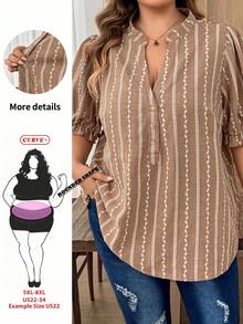 SHEIN CURVE+ Plus Size Women Casual Vacation Notched Collar All-Over Print Petal Sleeve Shirt Vacation White Summer - Khaki - View 4
