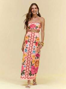CAJUNI 夏季时尚复古无肩带上衣搭配印花半裙套装 - 淺粉色 - 查看 8