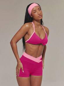 Musera Sport Contrast Seamless Scrunch Sports Bra Active Workout Gym Pilates Fitness Daily Casual Aqua - Hot Pink - View 4