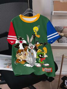 LOONEY TUNES X SHEIN 青少年男孩全印花 X 图案 T 恤 - 白色 - 查看 3
