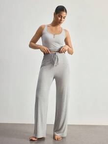 Ocili Comfortable Minimalist Sleeveless Pants Shell Button Pajama Set, Baby Pink Women Loungewear - Grey - View 3